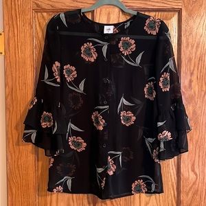 Cabi Floral Print Flowy Top with Ruffled Sleeves